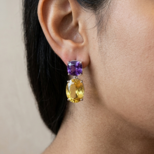 Olive Quartz-cushion & Amethyst – Oval Sterling Silver Earrings – SES024