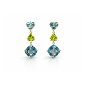 Silver Earring(Gold Plated) Blue topaz Trilliant (2) Peridot Trilliant (2) Blue topaz Cushion (2)