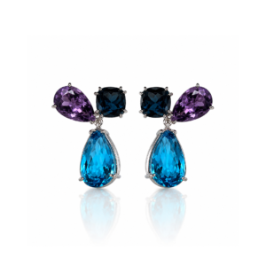 Silver Earring London Blue Topaz -Trilliant, (2), Amethyst-Trilliant(2) & Royal Blue Topaz-Pearsilver(2)