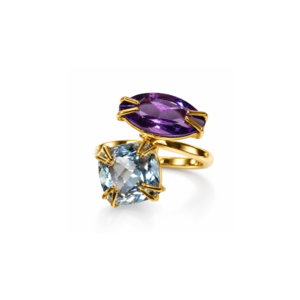 White Topaz Cushion & Amethyst Marquise | Sterling Silver Ring (Gold Plated)