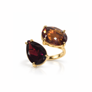 Red Garnet Pear & Hessonite Garnet  | Gold Plated Ring