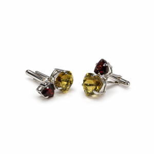Olive Quartz Trilliant & Garnet Trilliant | Silver Cufflink