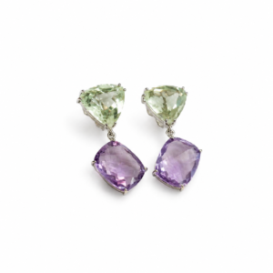 Green Amethyst Trilliant & Pink Amethyst Cushion | Silver Earring