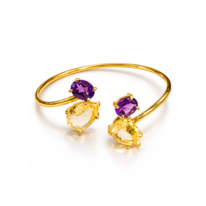 Citrine pear & Amethyst Oval  | Silver Bangle (Gold Plated)